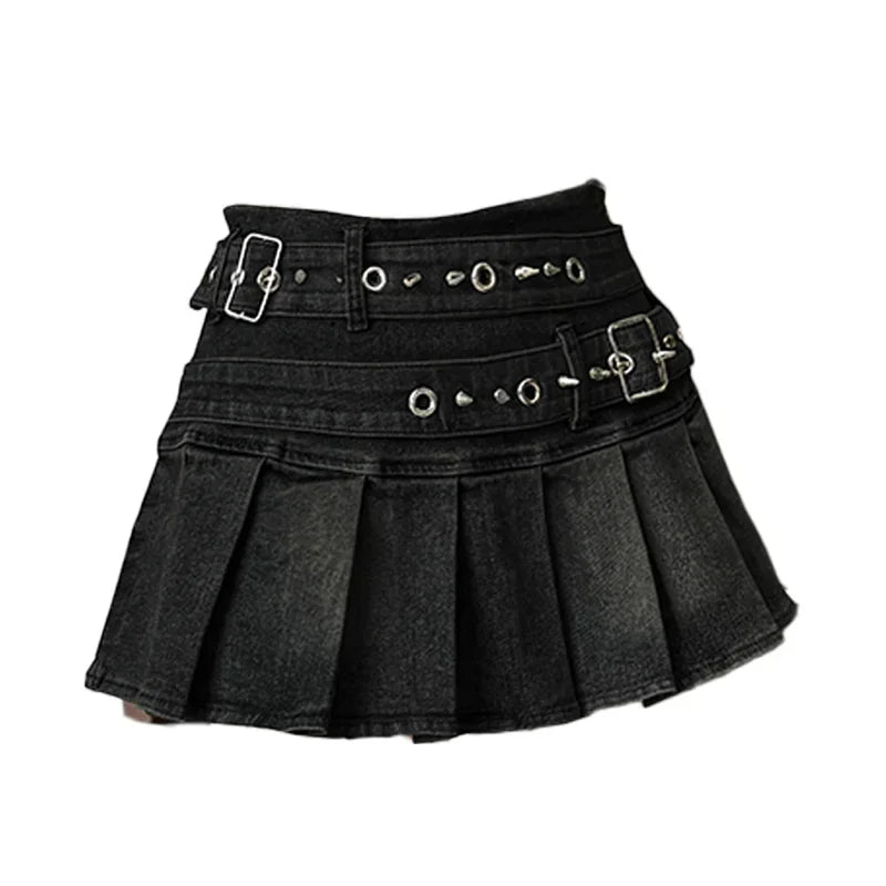 Women's Blue Black Riveted Belt Denim Skirt Y2K Harajuku High Street Fashion 90s Sexy A-line Mini Skirt Summer Clothing 2026 New
