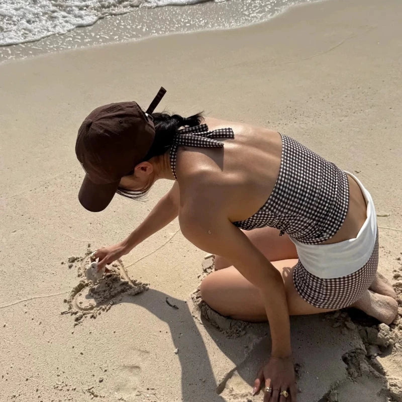 New Sexy Deep V Push Up Bikini Set High Waisted Checkered Brief Tummy Control Backless Two Piece Swimsuit for Beach Vacation