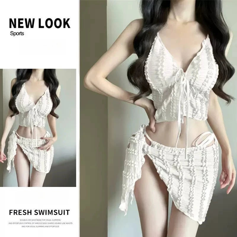 New 3 Piece Bikini Set Women Push Up Chest Triangle Top Cute Yet Sexy Cover Up for Beach Hot Spring Vacation Swimsuit Suit