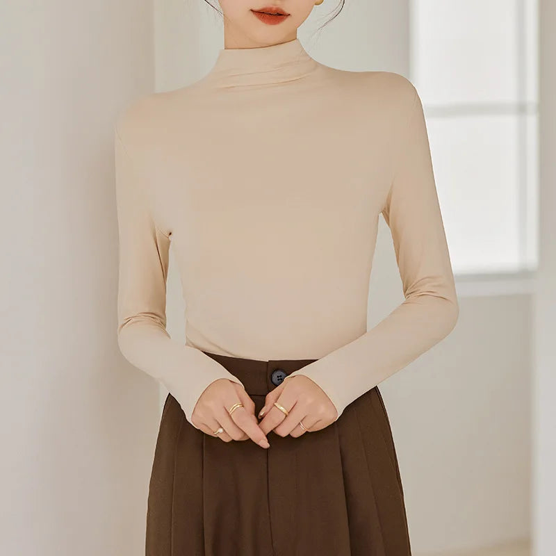 Womens Autumn Winter Slim Fit Mock Neck Long Sleeve T Shirt Solid Color Base Layer Soft Skin Friendly Seamless Undershirt