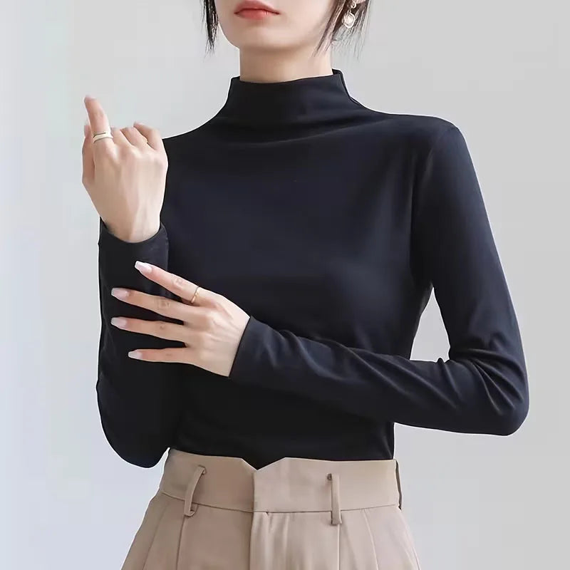 Womens Autumn Winter Slim Fit Mock Neck Long Sleeve T Shirt Solid Color Base Layer Soft Skin Friendly Seamless Undershirt