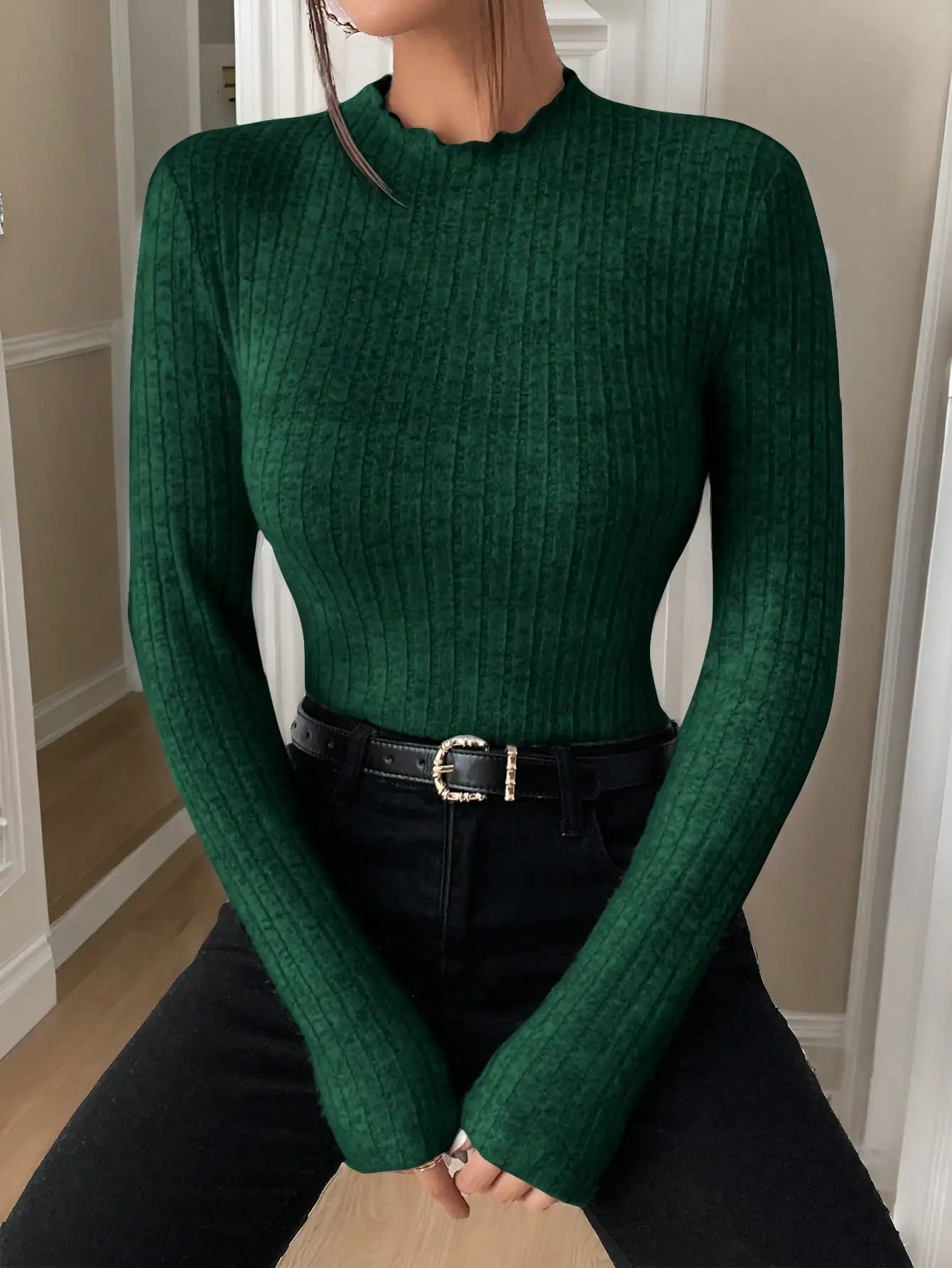 Slim Ruffle Neck Knit Long Sleeve Top