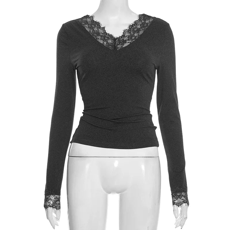 Tornova V neck Lace T shirt Top Women Sexy Navel Exposed Pullover Fashion Splice Hot Girl Club Party Top Autumn New Lady T shirt