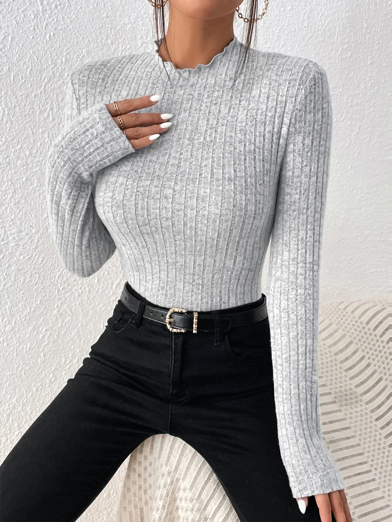 Slim Ruffle Neck Knit Long Sleeve Top