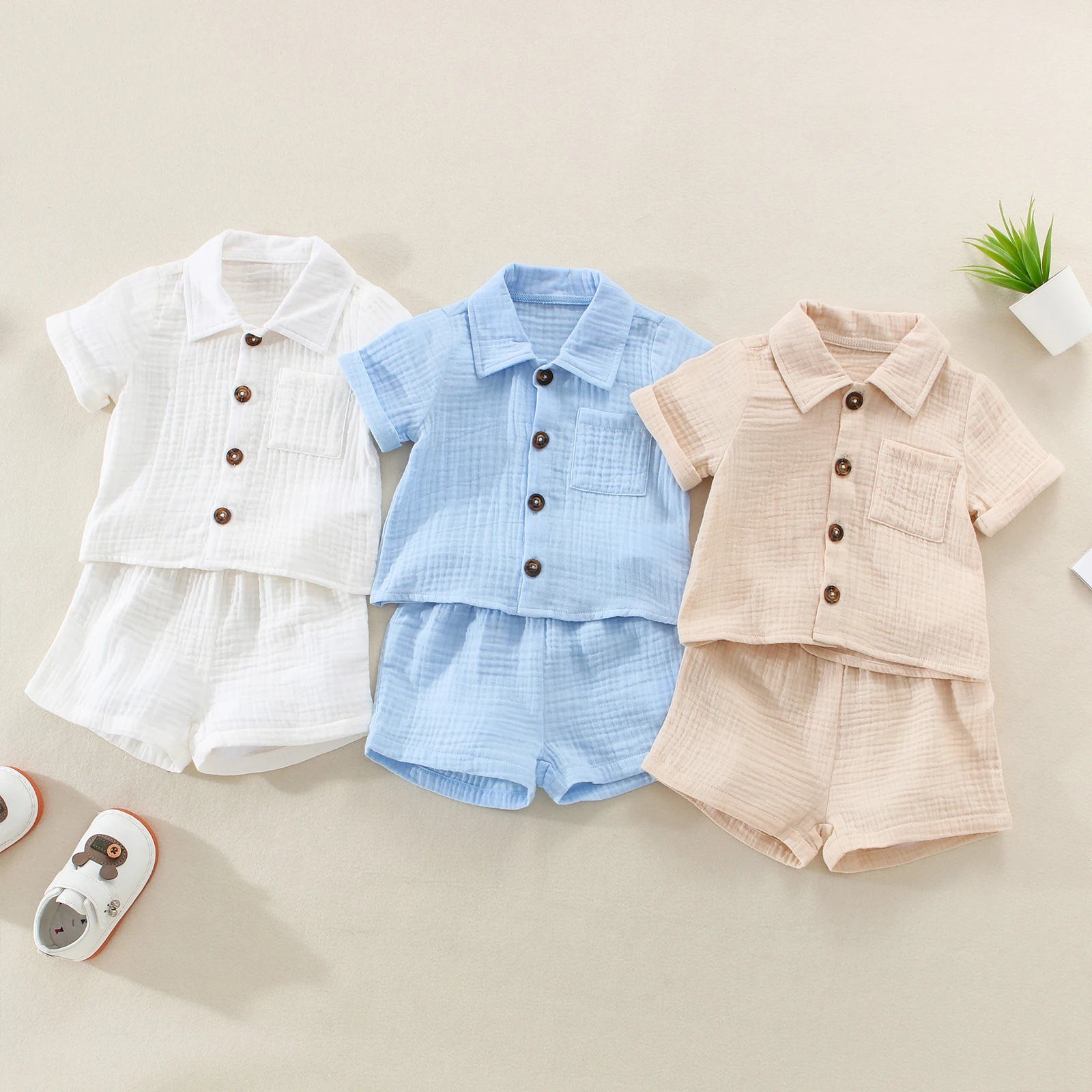 Cotton Linen Casual Toddler Baby Boys Summer Outfits Solid Short Sleeve Pocket Button Down Lapel Shirt + Shorts 2PCS Clothes Set