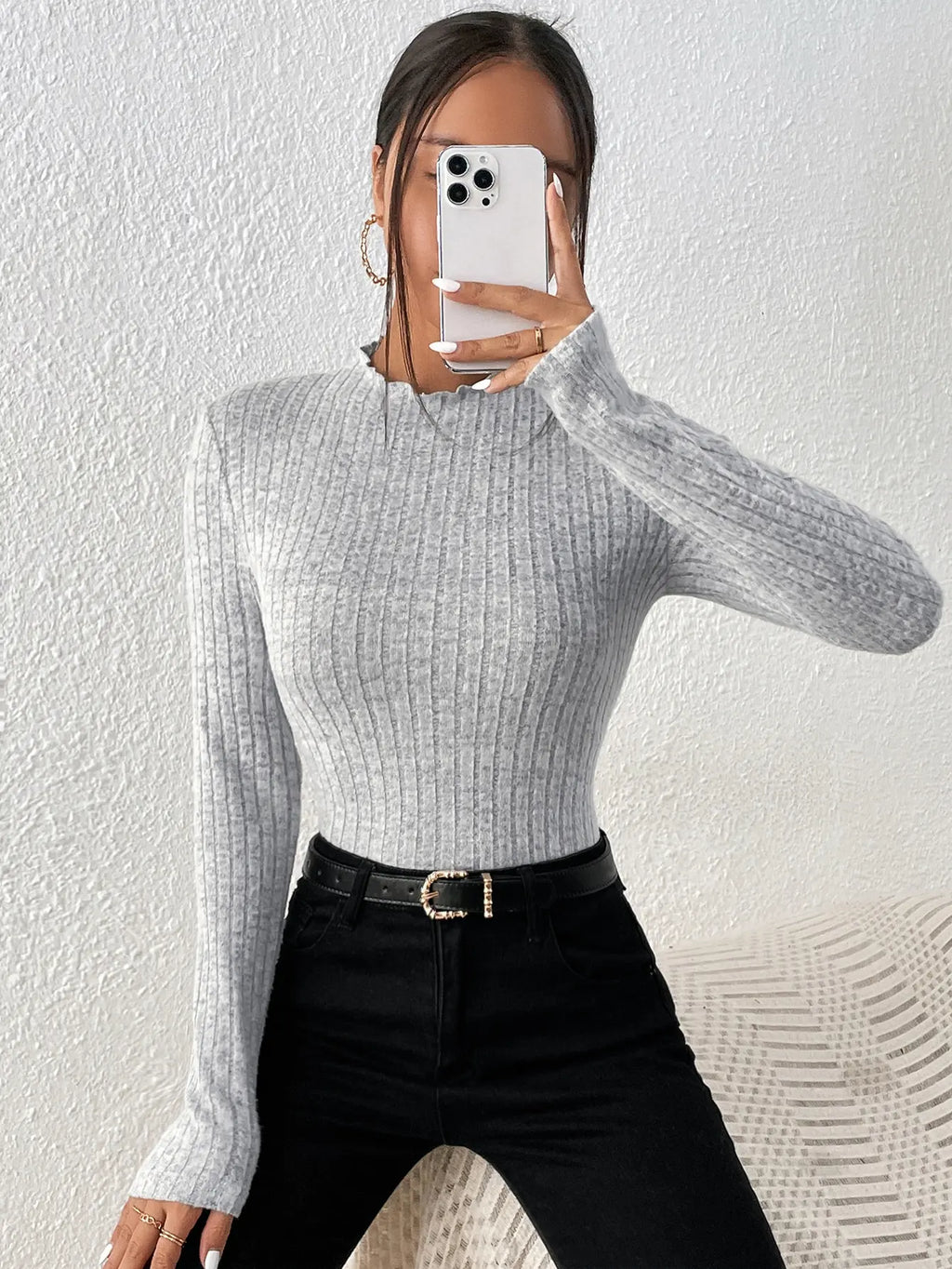 Slim Ruffle Neck Knit Long Sleeve Top