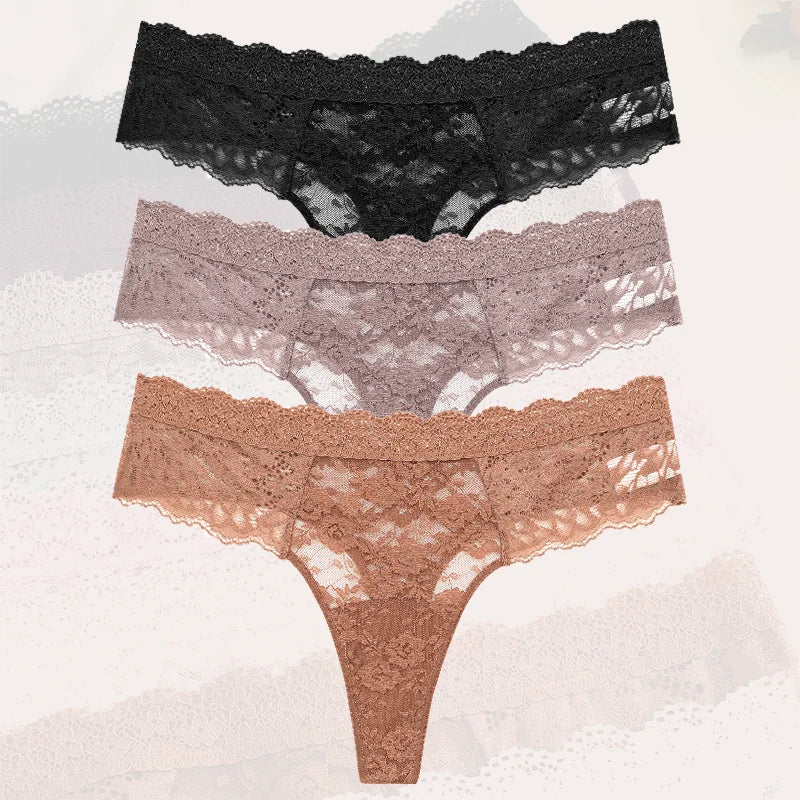 3Pcs Lace Sexy Thongs Women Low-Rise Briefs Sexy Soft Ladies Underwear Trendy Floral Underpants Female Flowery Panty Lingerie