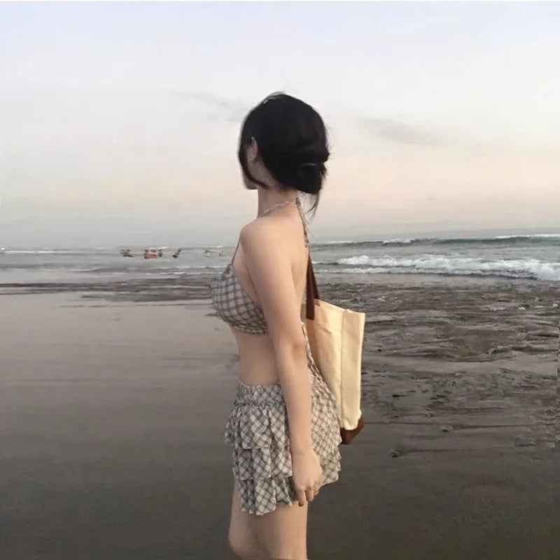 3 Piece Bikini Set Women Checkered High Waisted Sexy Sweet Trendy Cover Up Outfit Slimming Beach Vacation Resort Wear