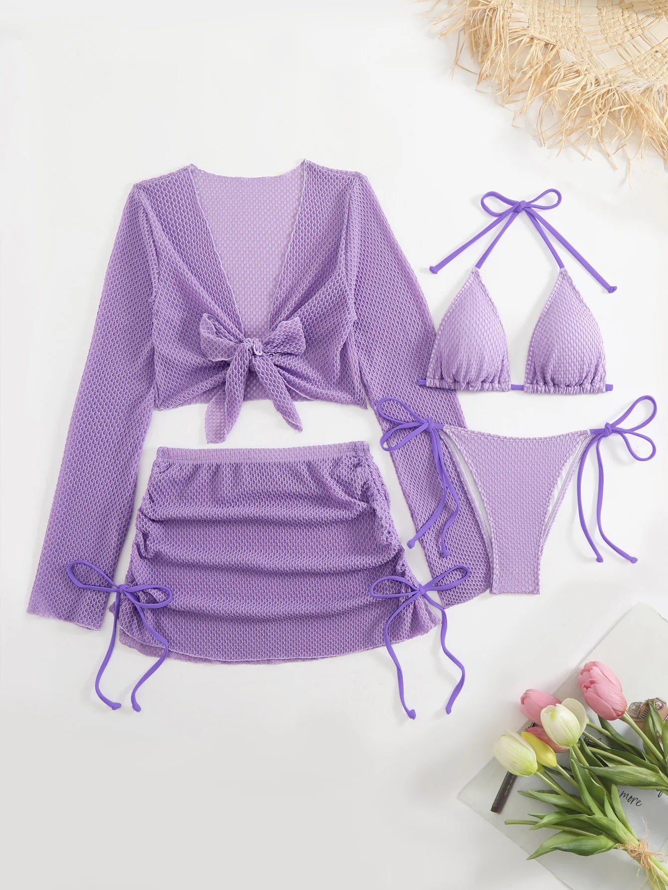 Sexy Solid Color Bikini Set Strap Crossbody Swimwear Polyester Fabric Backless Design for Swimming And Water Sports