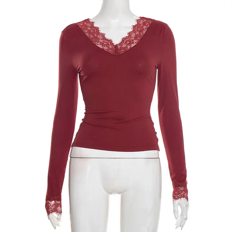 Tornova V neck Lace T shirt Top Women Sexy Navel Exposed Pullover Fashion Splice Hot Girl Club Party Top Autumn New Lady T shirt