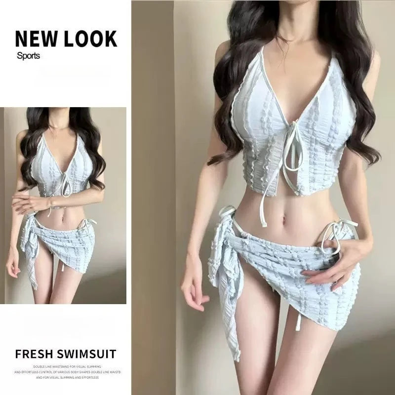 New 3 Piece Bikini Set Women Push Up Chest Triangle Top Cute Yet Sexy Cover Up for Beach Hot Spring Vacation Swimsuit Suit