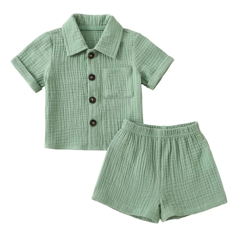 Cotton Linen Casual Toddler Baby Boys Summer Outfits Solid Short Sleeve Pocket Button Down Lapel Shirt + Shorts 2PCS Clothes Set