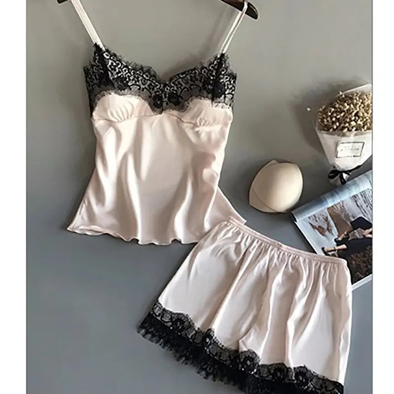 Women Pajama Suit Fashion V-Neck Lace Sexy Lingerie Pyjamas Sleep Shorts Set Sleepwear New