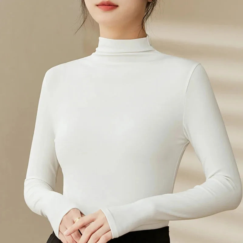Womens Autumn Winter Slim Fit Mock Neck Long Sleeve T Shirt Solid Color Base Layer Soft Skin Friendly Seamless Undershirt