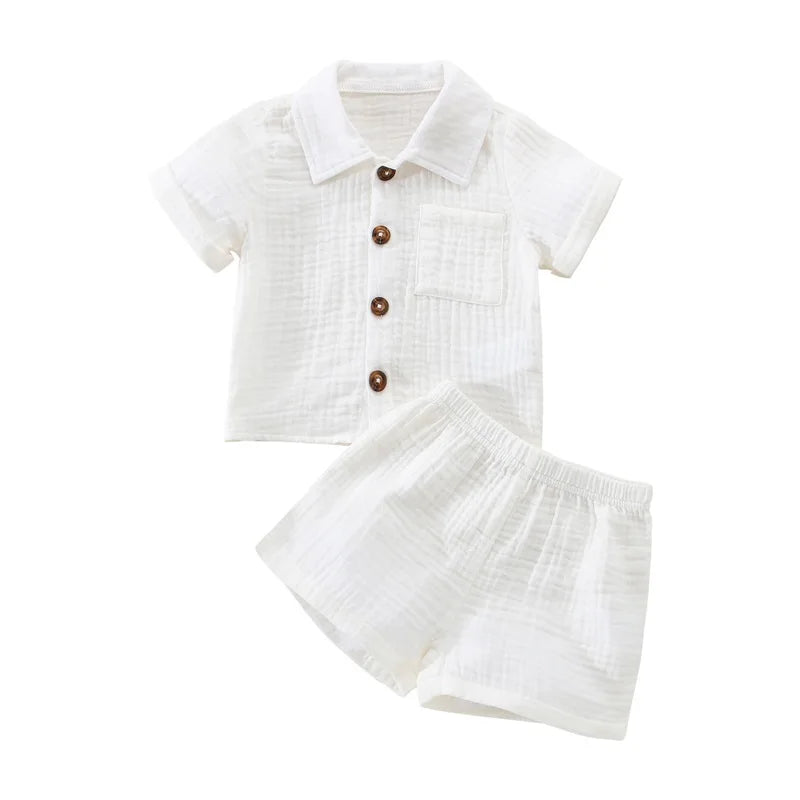 Cotton Linen Casual Toddler Baby Boys Summer Outfits Solid Short Sleeve Pocket Button Down Lapel Shirt + Shorts 2PCS Clothes Set