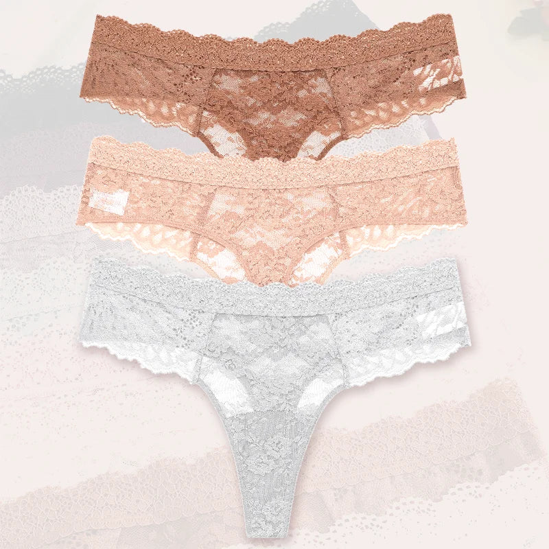 3Pcs Lace Sexy Thongs Women Low-Rise Briefs Sexy Soft Ladies Underwear Trendy Floral Underpants Female Flowery Panty Lingerie