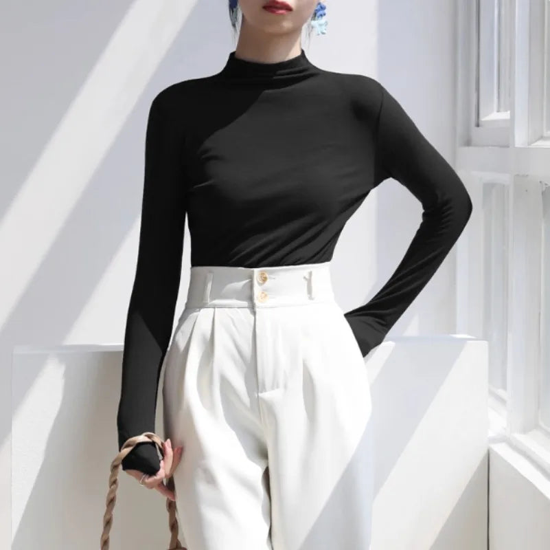 Womens Autumn Winter Slim Fit Mock Neck Long Sleeve T Shirt Solid Color Base Layer Soft Skin Friendly Seamless Undershirt