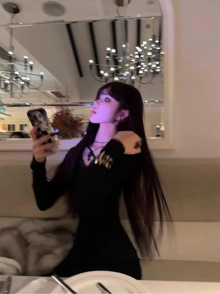 Seeslim Black Sexy Back Hollow Out Women's T-shirt Goth Long Sleeve Slim 2000s Clothes Y2k Tees Female Clothing Autumn Tops Chic