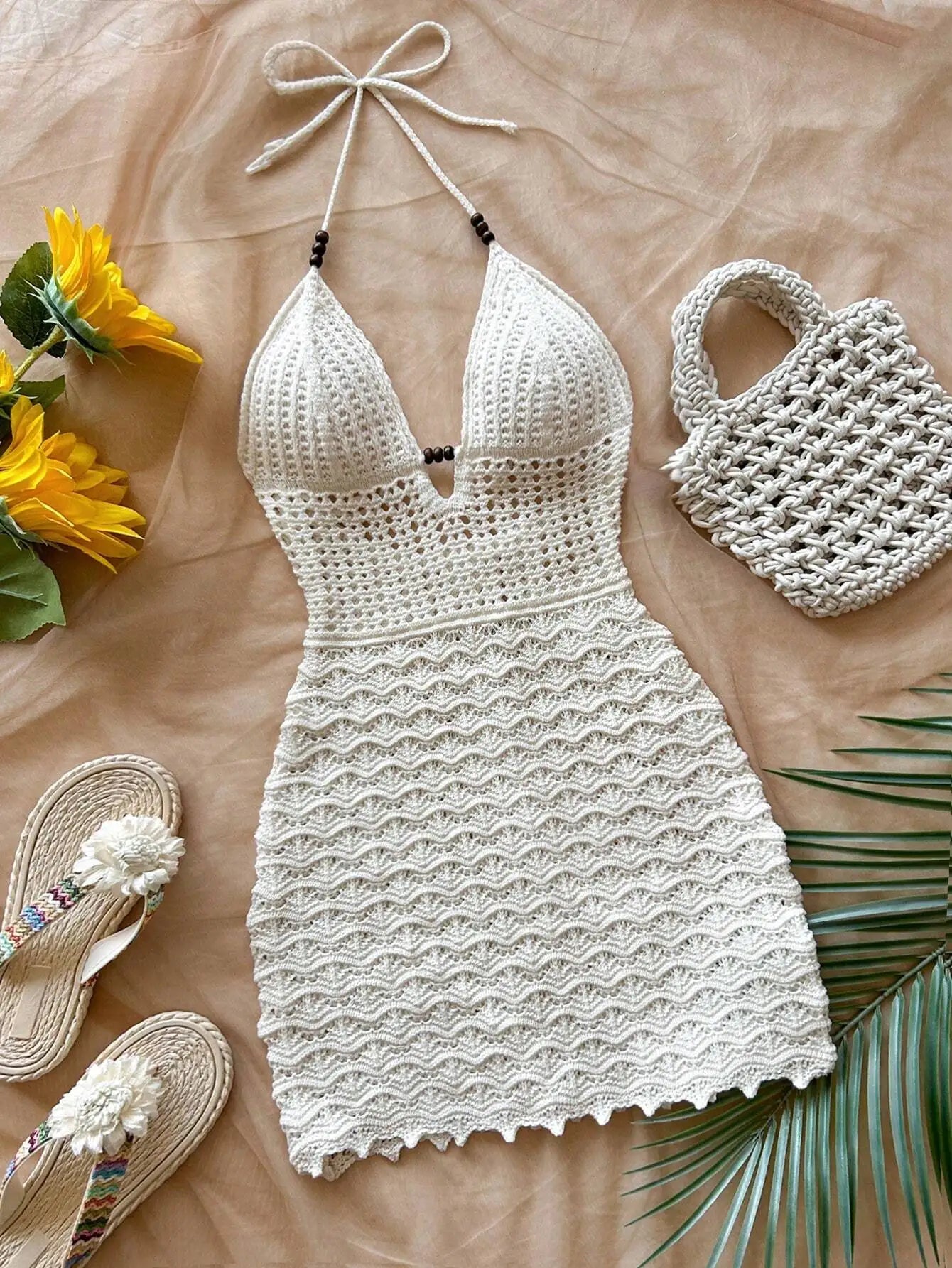 Women's V-Neck Strapless Dress, Hollow Out, Wooden Bead, Slim Fit, Gradient Color, Knitted, Sexy, Vacation Wear