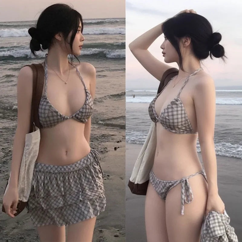 3 Piece Bikini Set Women Checkered High Waisted Sexy Sweet Trendy Cover Up Outfit Slimming Beach Vacation Resort Wear