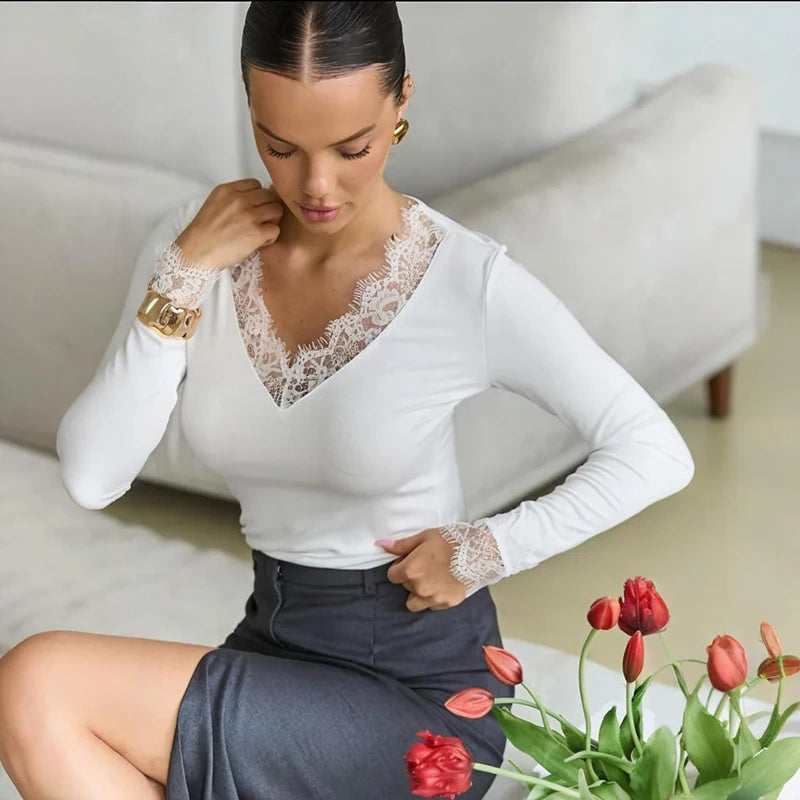 Tornova V neck Lace T shirt Top Women Sexy Navel Exposed Pullover Fashion Splice Hot Girl Club Party Top Autumn New Lady T shirt