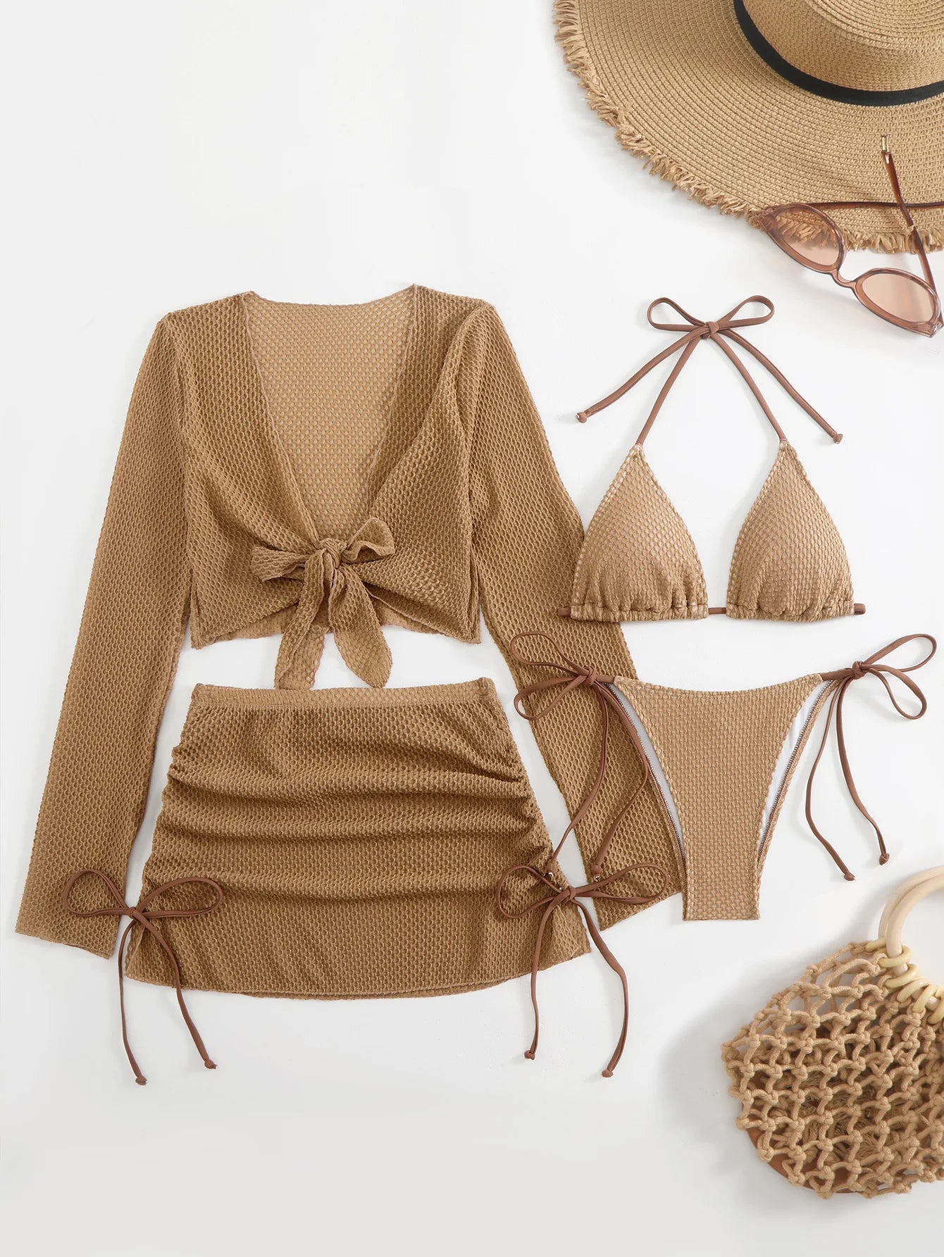 Sexy Solid Color Bikini Set Strap Crossbody Swimwear Polyester Fabric Backless Design for Swimming And Water Sports