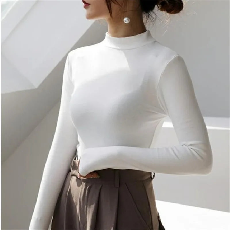 Womens Autumn Winter Slim Fit Mock Neck Long Sleeve T Shirt Solid Color Base Layer Soft Skin Friendly Seamless Undershirt