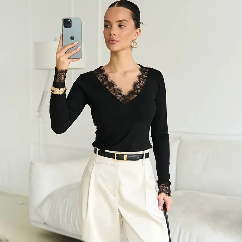 Tornova V neck Lace T shirt Top Women Sexy Navel Exposed Pullover Fashion Splice Hot Girl Club Party Top Autumn New Lady T shirt