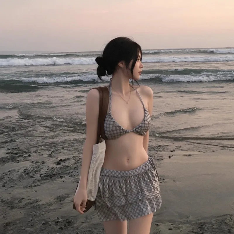 3 Piece Bikini Set Women Checkered High Waisted Sexy Sweet Trendy Cover Up Outfit Slimming Beach Vacation Resort Wear