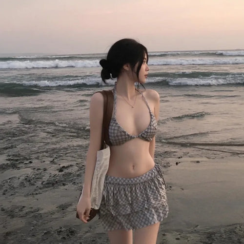 3 Piece Bikini Set Women Checkered High Waisted Sexy Sweet Trendy Cover Up Outfit Slimming Beach Vacation Resort Wear