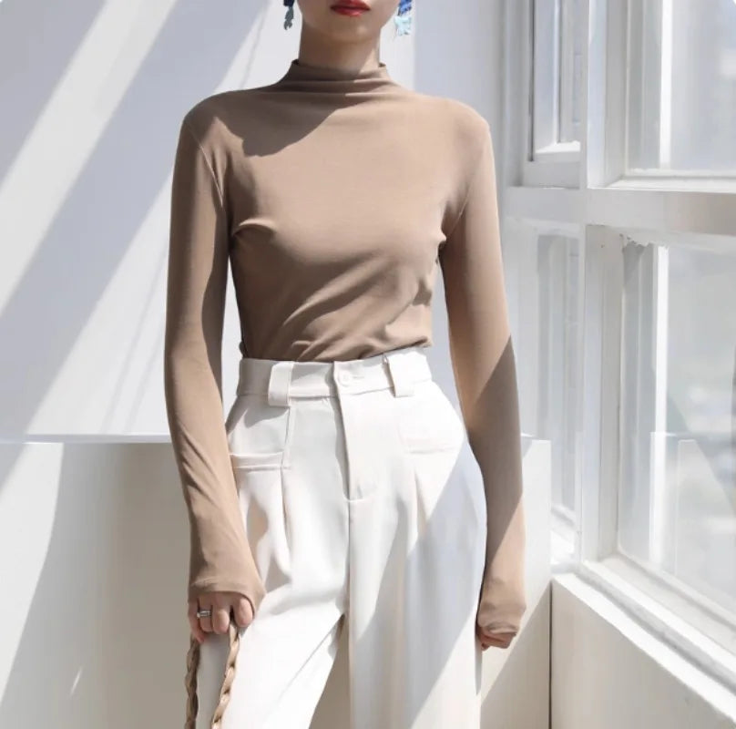 Womens Autumn Winter Slim Fit Mock Neck Long Sleeve T Shirt Solid Color Base Layer Soft Skin Friendly Seamless Undershirt