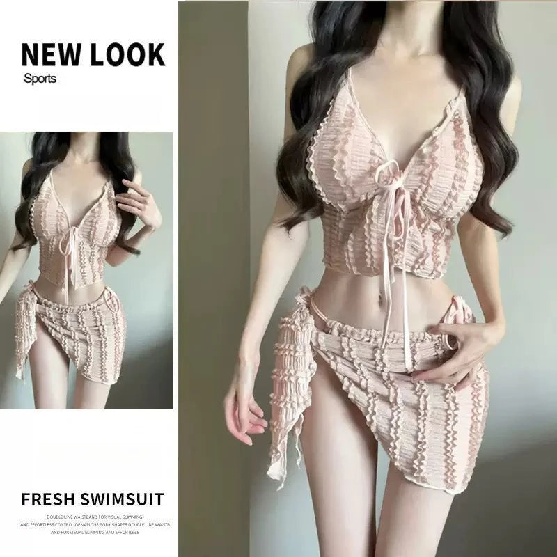 New 3 Piece Bikini Set Women Push Up Chest Triangle Top Cute Yet Sexy Cover Up for Beach Hot Spring Vacation Swimsuit Suit