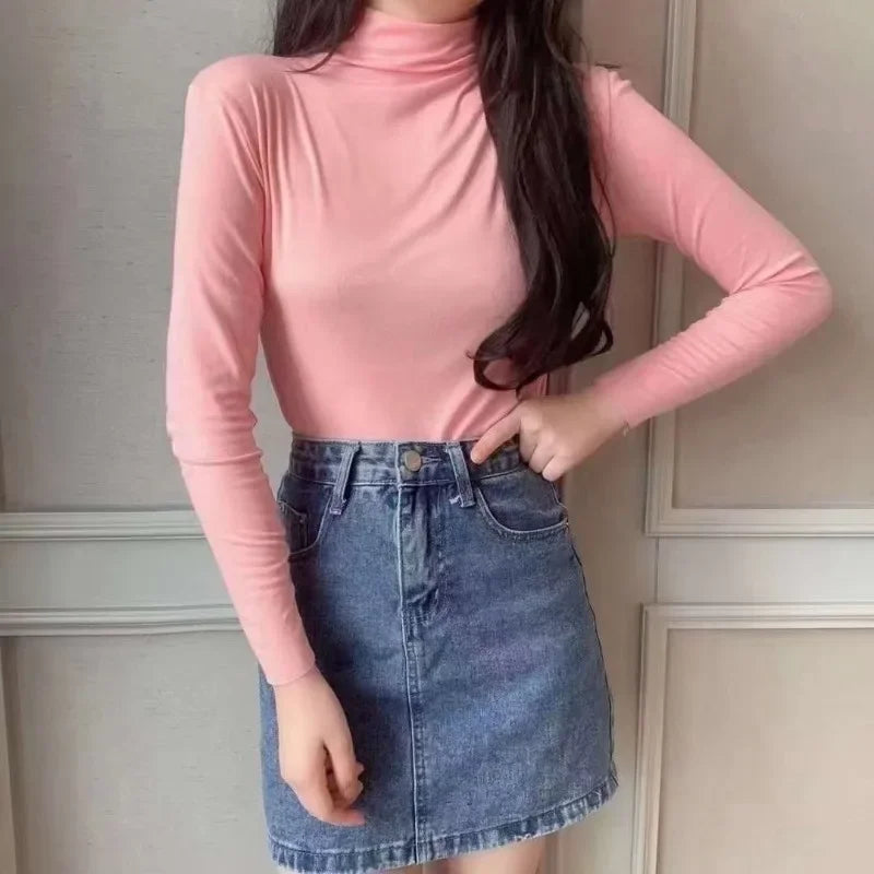 Womens Autumn Winter Slim Fit Mock Neck Long Sleeve T Shirt Solid Color Base Layer Soft Skin Friendly Seamless Undershirt