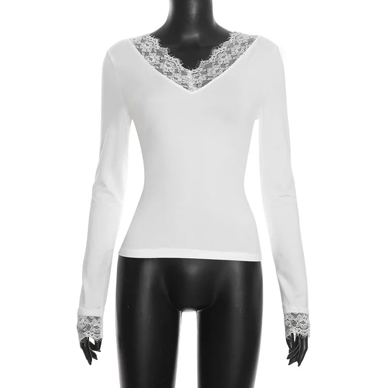 Tornova V neck Lace T shirt Top Women Sexy Navel Exposed Pullover Fashion Splice Hot Girl Club Party Top Autumn New Lady T shirt