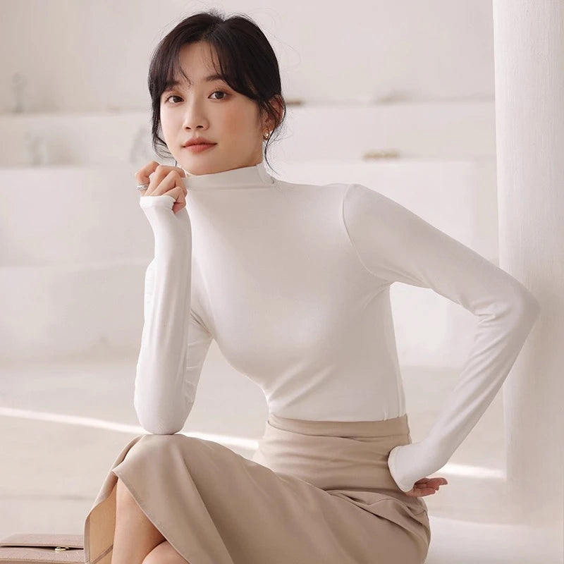 Womens Autumn Winter Slim Fit Mock Neck Long Sleeve T Shirt Solid Color Base Layer Soft Skin Friendly Seamless Undershirt