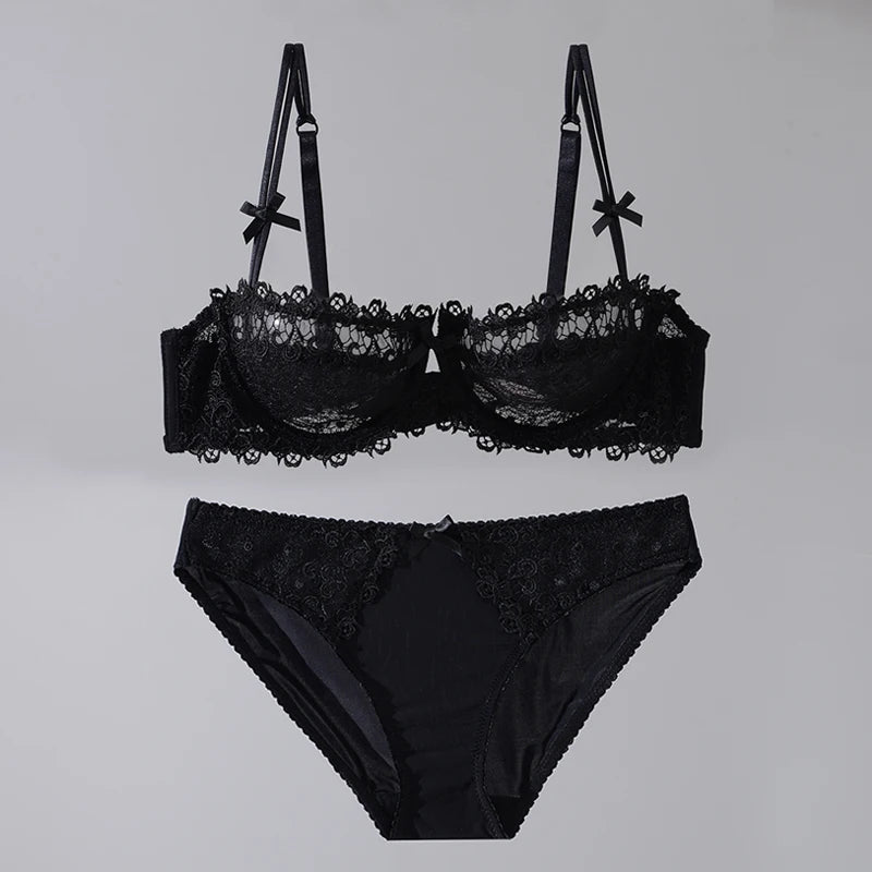 MOYISU Women's Sexy Lace Underwear Women Half Cup Push-up Big Chest Small Ultra-thin Breathable Pure Desire Larger Size Bra Set