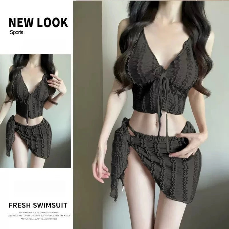 New 3 Piece Bikini Set Women Push Up Chest Triangle Top Cute Yet Sexy Cover Up for Beach Hot Spring Vacation Swimsuit Suit
