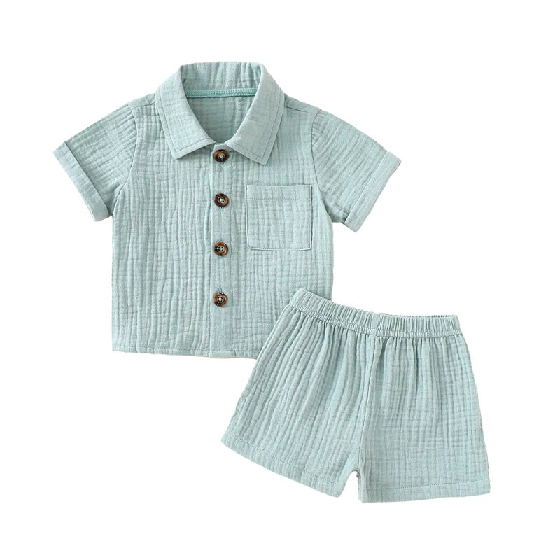 Cotton Linen Casual Toddler Baby Boys Summer Outfits Solid Short Sleeve Pocket Button Down Lapel Shirt + Shorts 2PCS Clothes Set