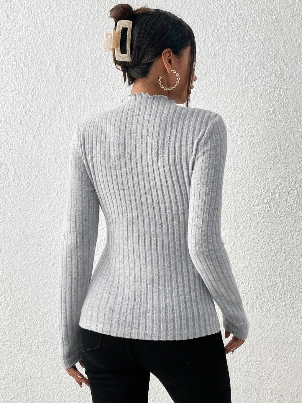 Slim Ruffle Neck Knit Long Sleeve Top