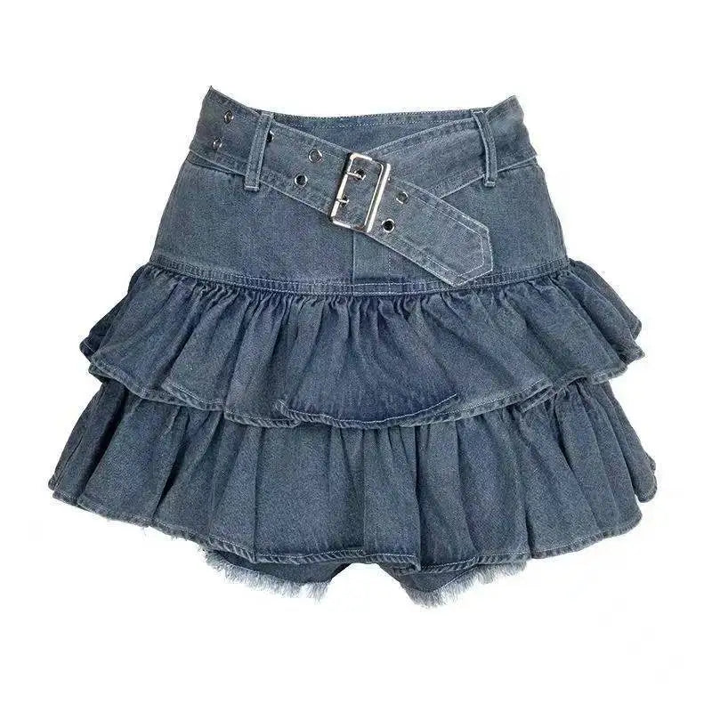 Women's Blue Black Riveted Belt Denim Skirt Y2K Harajuku High Street Fashion 90s Sexy A-line Mini Skirt Summer Clothing 2026 New
