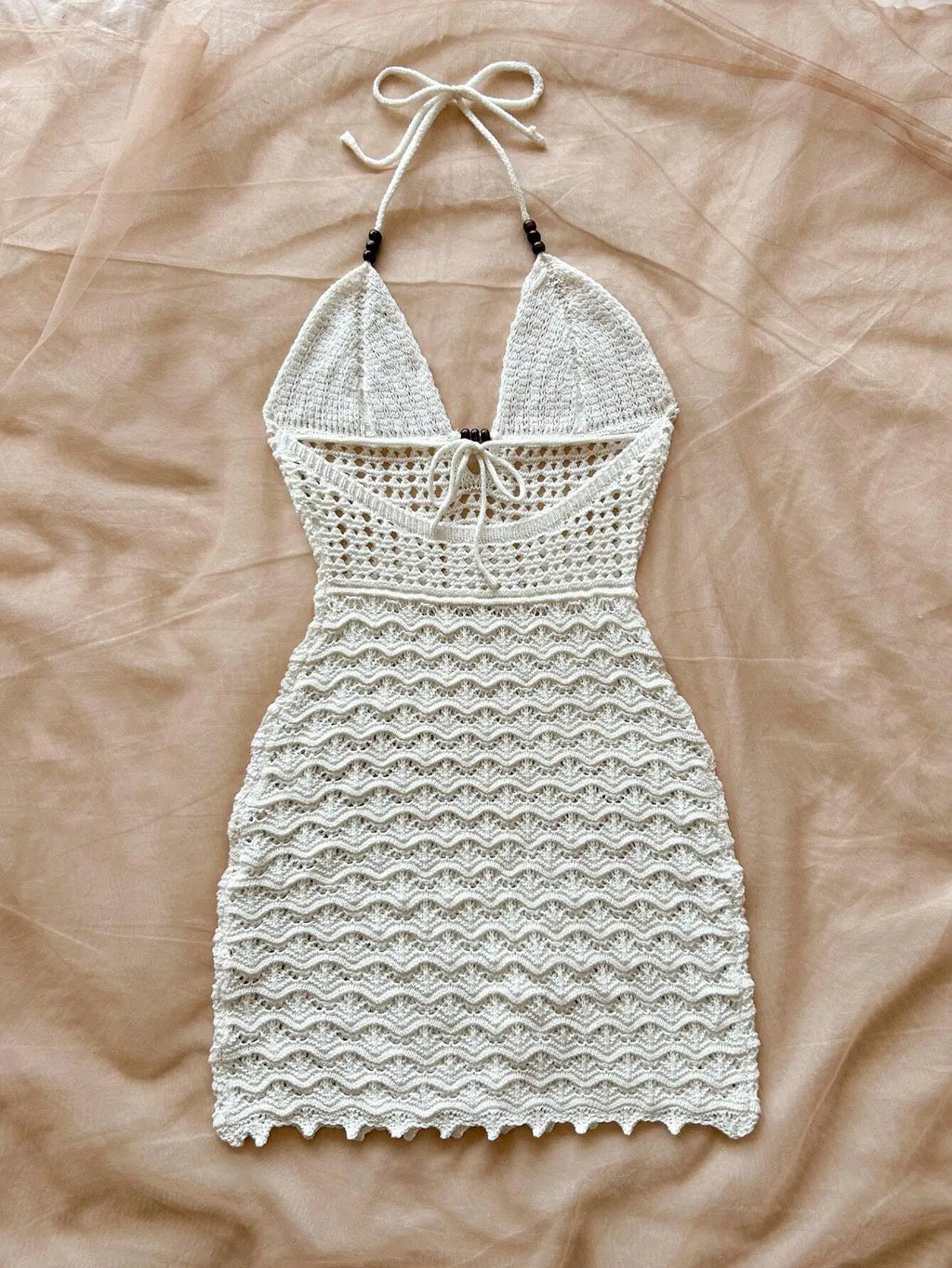Women's V-Neck Strapless Dress, Hollow Out, Wooden Bead, Slim Fit, Gradient Color, Knitted, Sexy, Vacation Wear