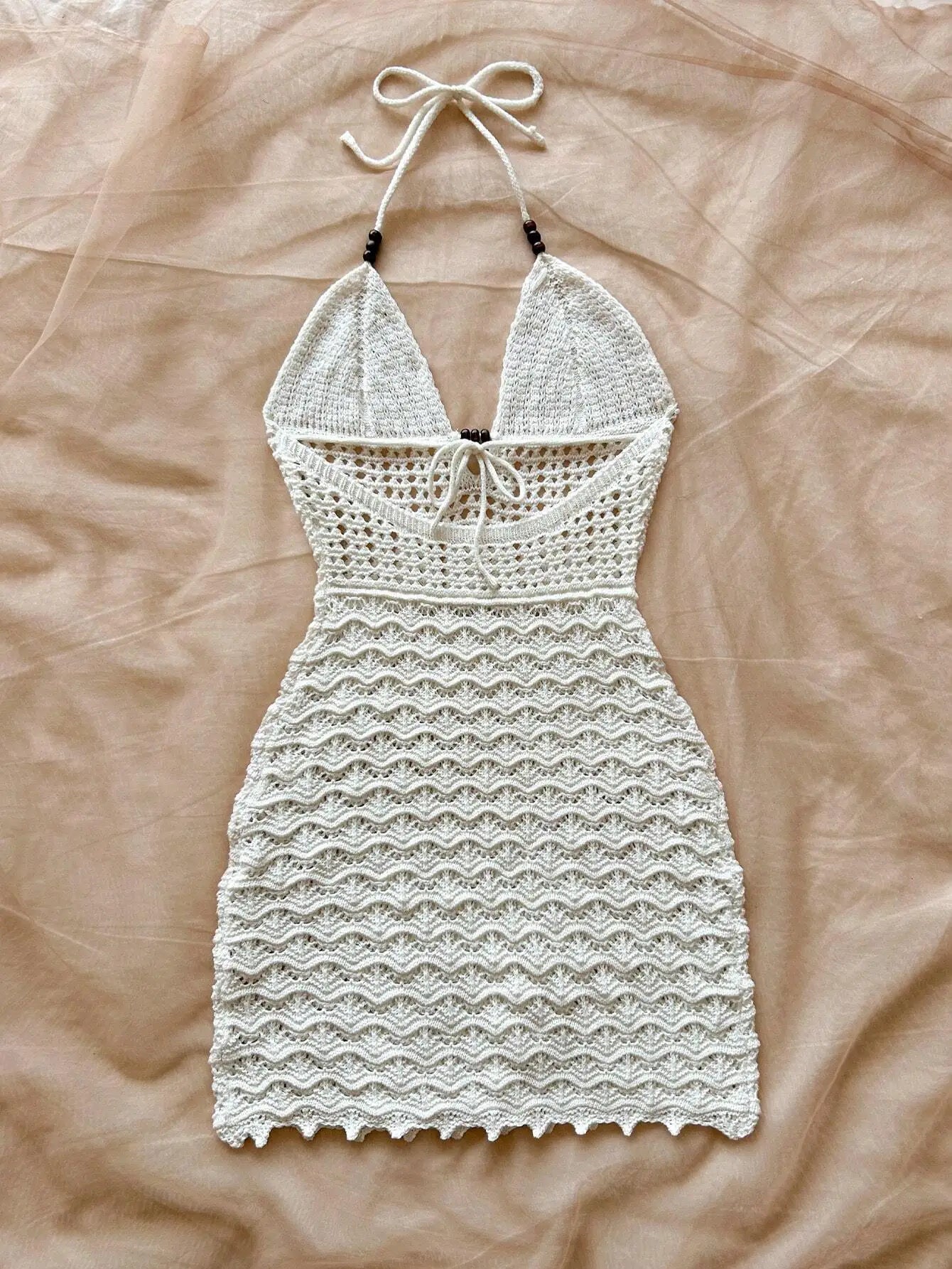 Women's V-Neck Strapless Dress, Hollow Out, Wooden Bead, Slim Fit, Gradient Color, Knitted, Sexy, Vacation Wear