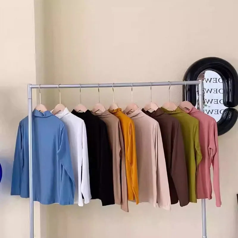 Womens Autumn Winter Slim Fit Mock Neck Long Sleeve T Shirt Solid Color Base Layer Soft Skin Friendly Seamless Undershirt