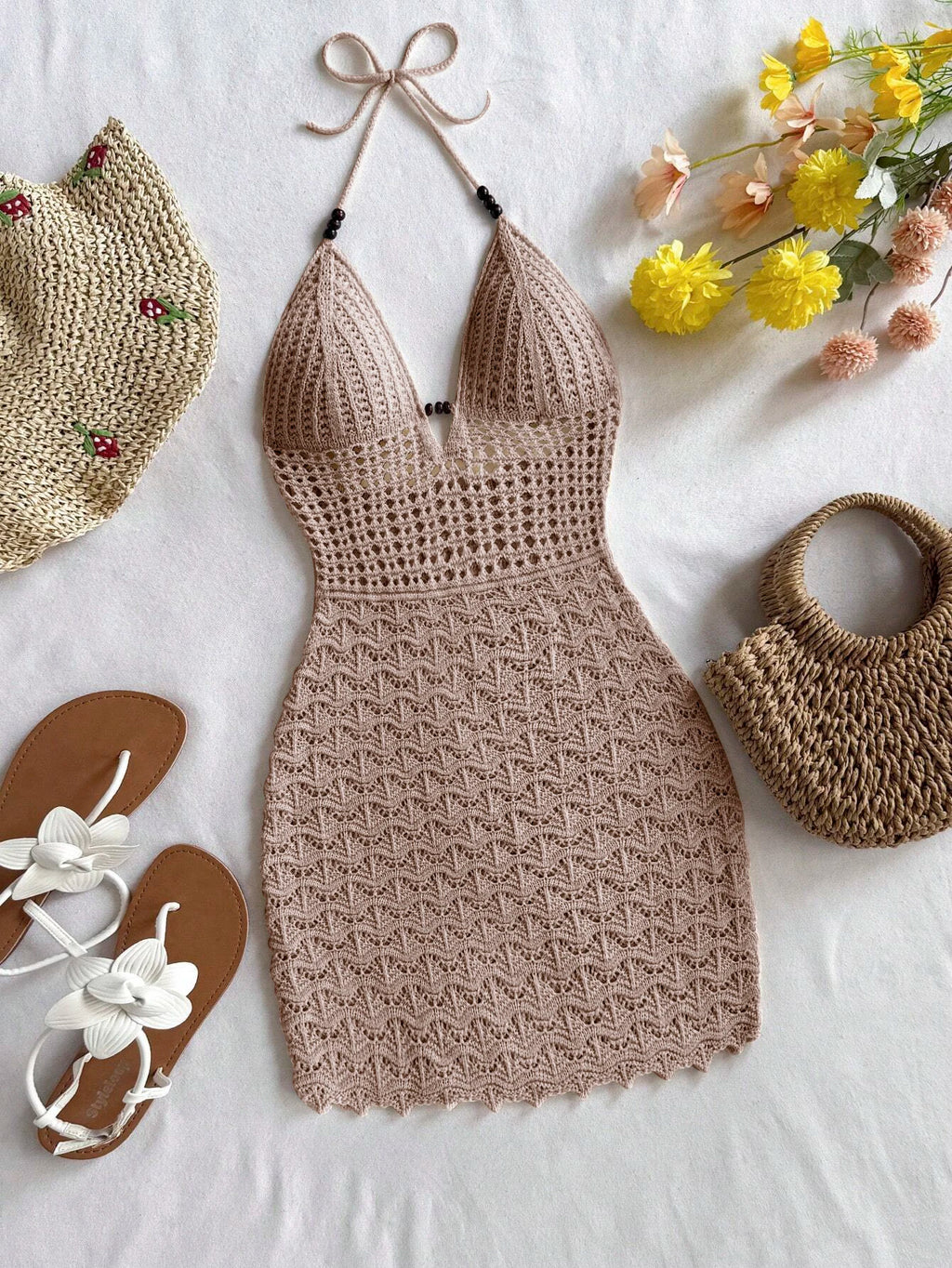 Women's V-Neck Strapless Dress, Hollow Out, Wooden Bead, Slim Fit, Gradient Color, Knitted, Sexy, Vacation Wear