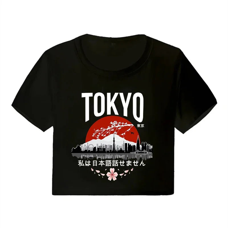 Korean Style Casual Crop Tops 2000s Y2k Print Women Tee Shirt Harajuku GOTH Cropped Mange Tshirt Funny Graphic T-shirt Female