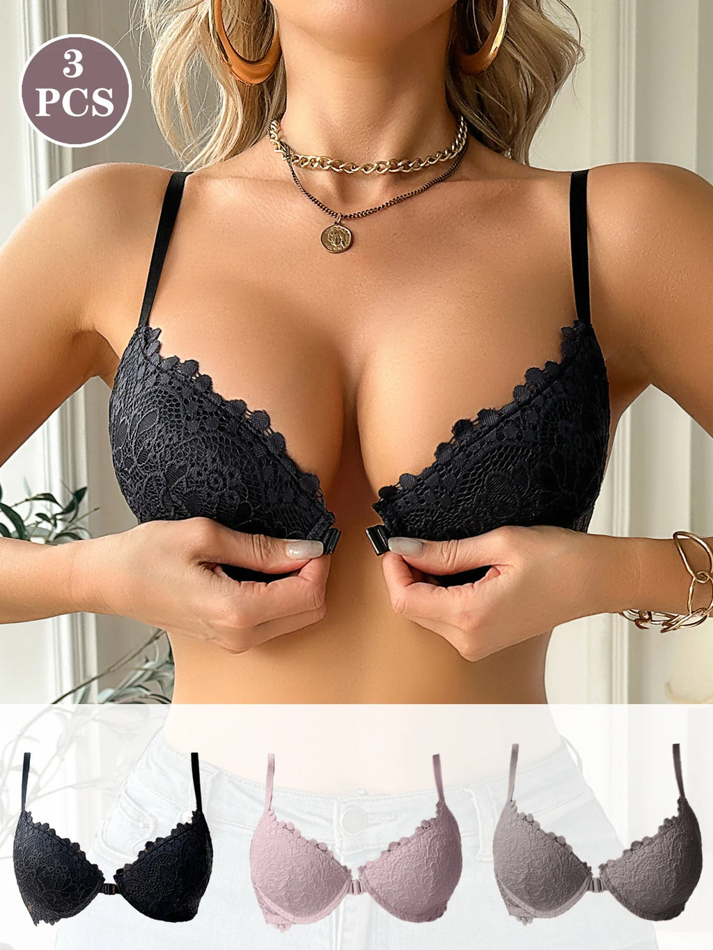 Modern Women's Lace Bra, Sexy Front-Clasp Push-Up Bra, Non-Padded, Breathable, Comfortable, Elegant, Sexy Lingerie Top