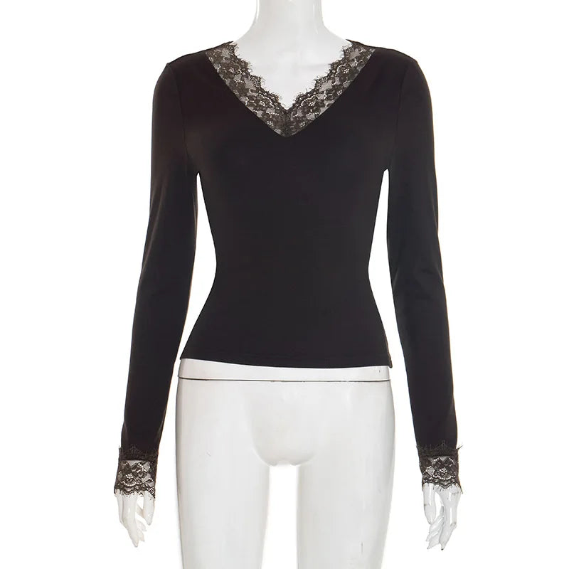 Tornova V neck Lace T shirt Top Women Sexy Navel Exposed Pullover Fashion Splice Hot Girl Club Party Top Autumn New Lady T shirt