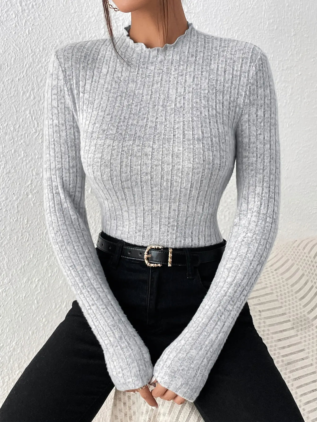 Slim Ruffle Neck Knit Long Sleeve Top