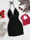 Women's V-Neck Strapless Dress, Hollow Out, Wooden Bead, Slim Fit, Gradient Color, Knitted, Sexy, Vacation Wear